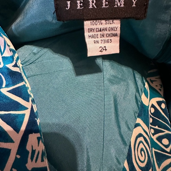 Silk Dress - Size 24 Slimming Faux Wrap by Spenser Jeremy Blue Geometric Midi - Picture 12 of 14